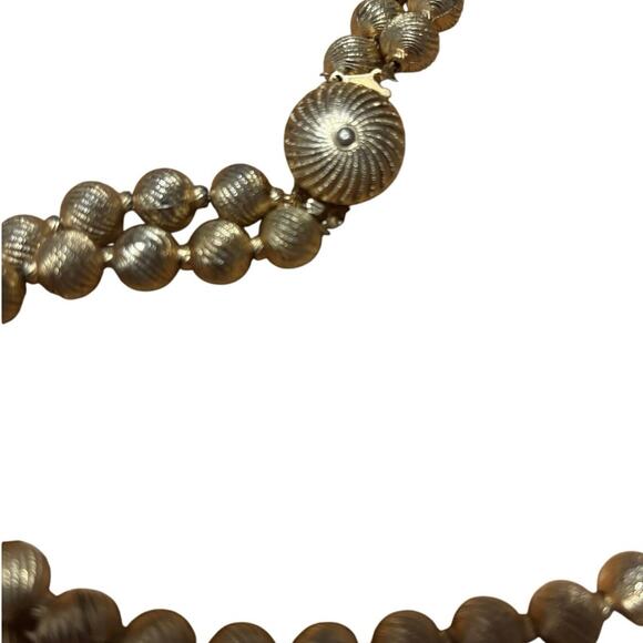 Midcentury Vintage Double Strand Beaded Golden Necklace Signed - Picture 2 of 5